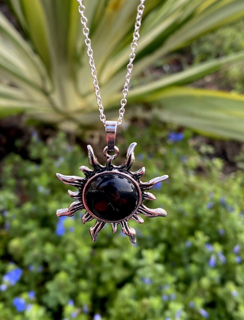 Black Obsidian Sun Pendant Gorgeous Obsidian Necklace Man Made Encased Crystal image 3