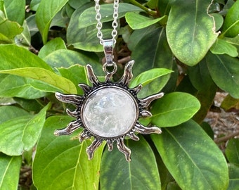 Clear Quartz Sun Pendant Necklace - Encased Crystal, 32mm, 18 inch Chain