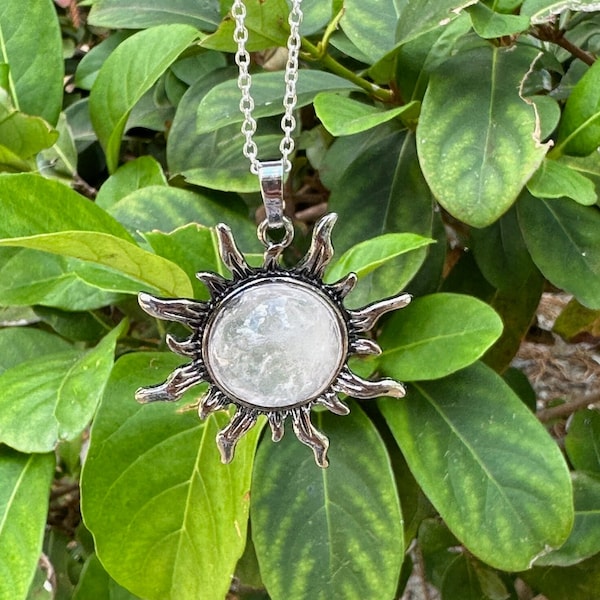 Clear Quartz Sun Pendant Gorgeous Clear Quartz Necklace  Encased Crystal