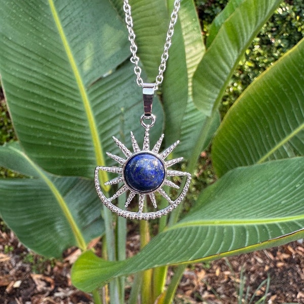 Lapis Lazuli Sun Moon Pendant Gorgeous Lapis Lazuli Necklace Man Made Encased Crystal