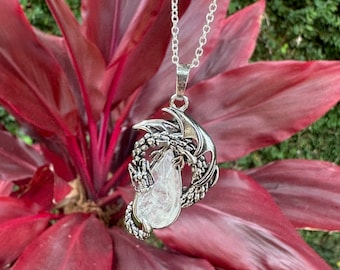 Clear Quartz Dragon Pendant Necklace - Encased Crystal, 18 inch Chain