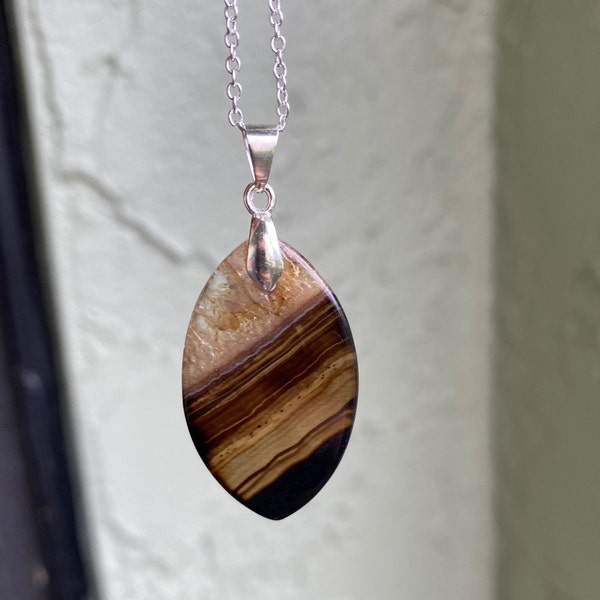 Brown Druzy Stripped Agate Pendant Brown Druzy Agate Pendant Necklace Chakra Healing Marquis Pendant