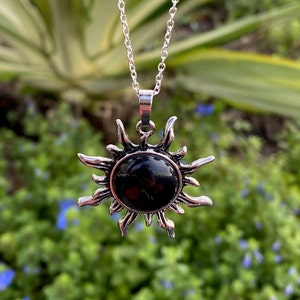 Black Obsidian Sun Pendant Gorgeous Obsidian Necklace Man Made Encased Crystal