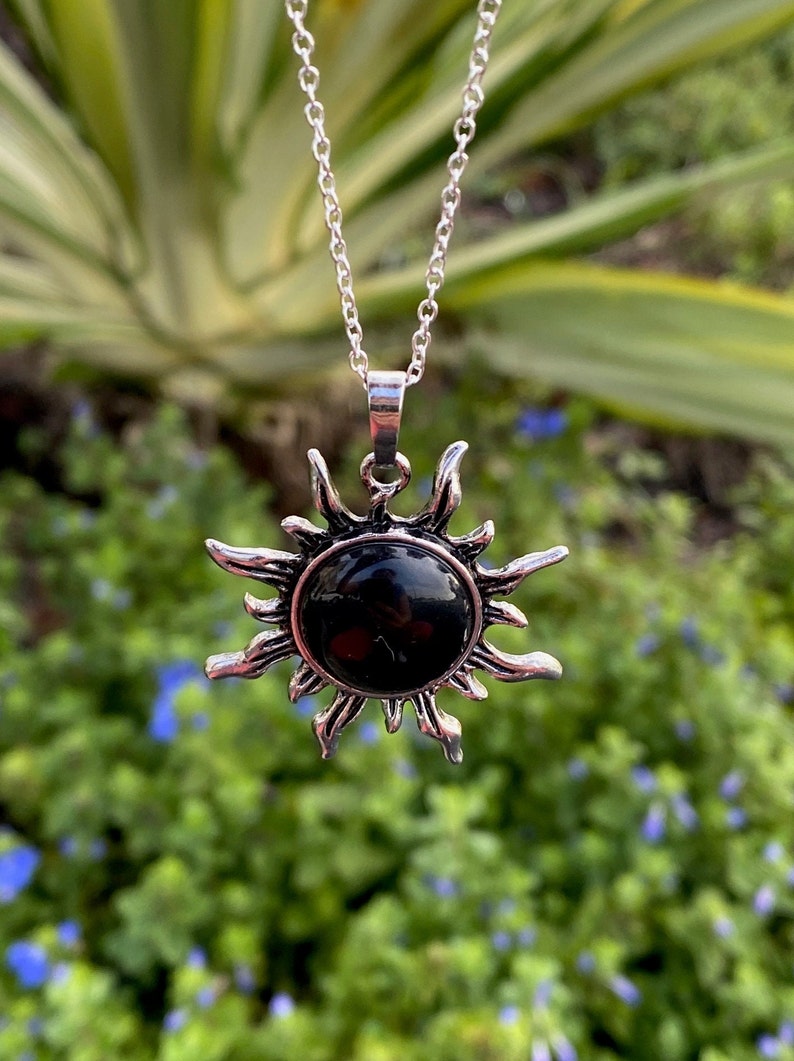 Black Obsidian Sun Pendant Gorgeous Obsidian Necklace Man Made Encased Crystal image 1