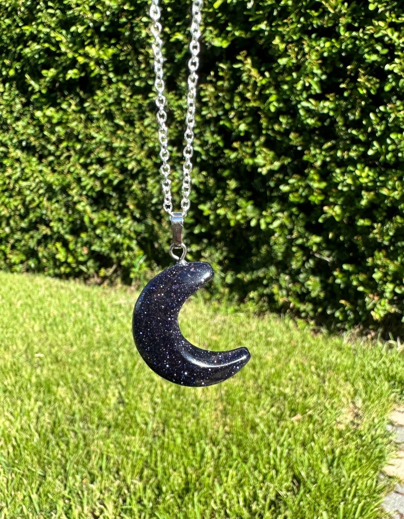 Blue Goldstone Crescent Pendant Gorgeous Blue Goldstone Moon Necklace Throat Chakra Healing image 2