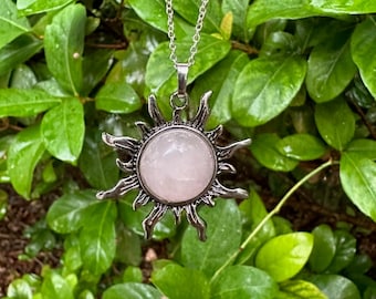 Rose Quartz Sun Pendant Necklace: 32mm Crystal Healing Jewelry
