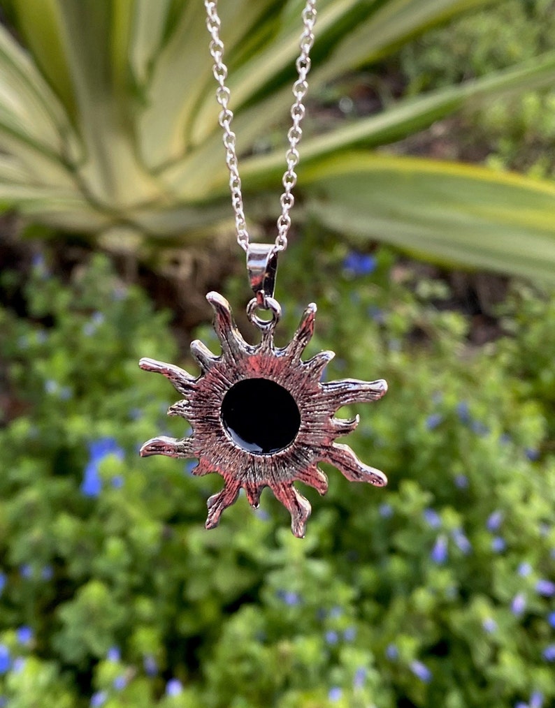 Black Obsidian Sun Pendant Gorgeous Obsidian Necklace Man Made Encased Crystal image 5