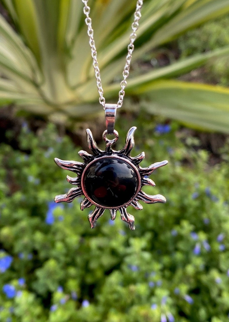 Black Obsidian Sun Pendant Gorgeous Obsidian Necklace Man Made Encased Crystal image 2