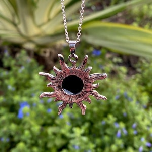 Black Obsidian Sun Pendant Gorgeous Obsidian Necklace Man Made Encased Crystal image 4