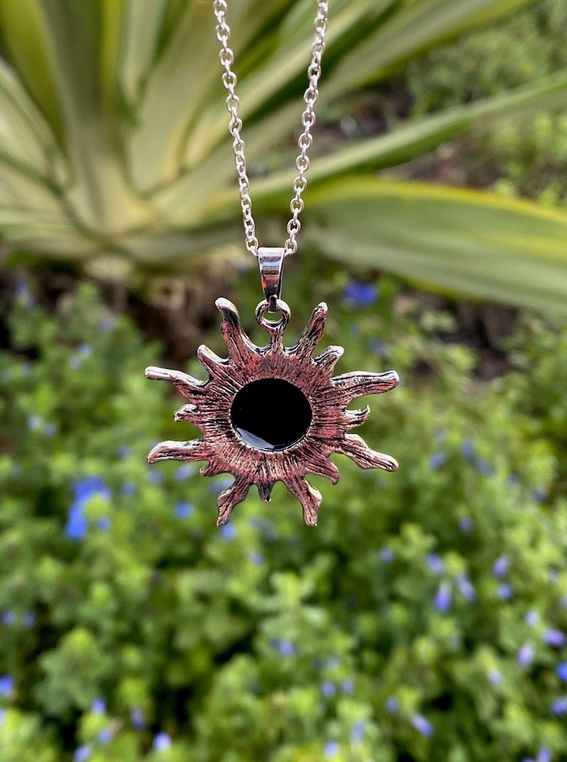 Black Obsidian Sun Pendant Gorgeous Obsidian Necklace Man Made Encased Crystal image 4