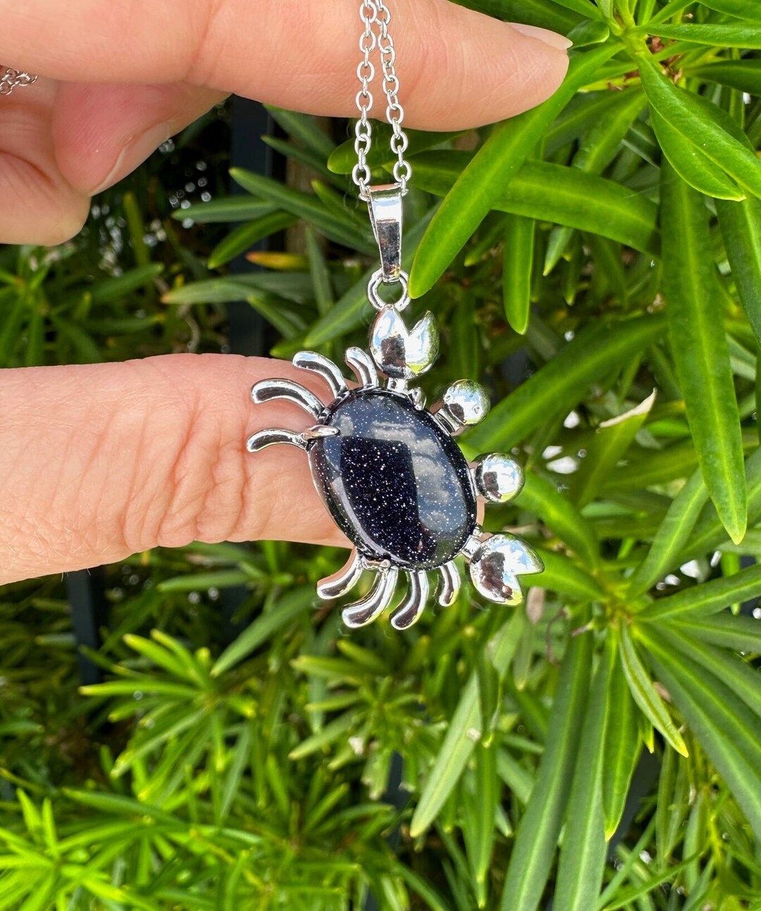 Dainty Blue Goldstone Crab Pendant Man Made Blue Goldstone Crab