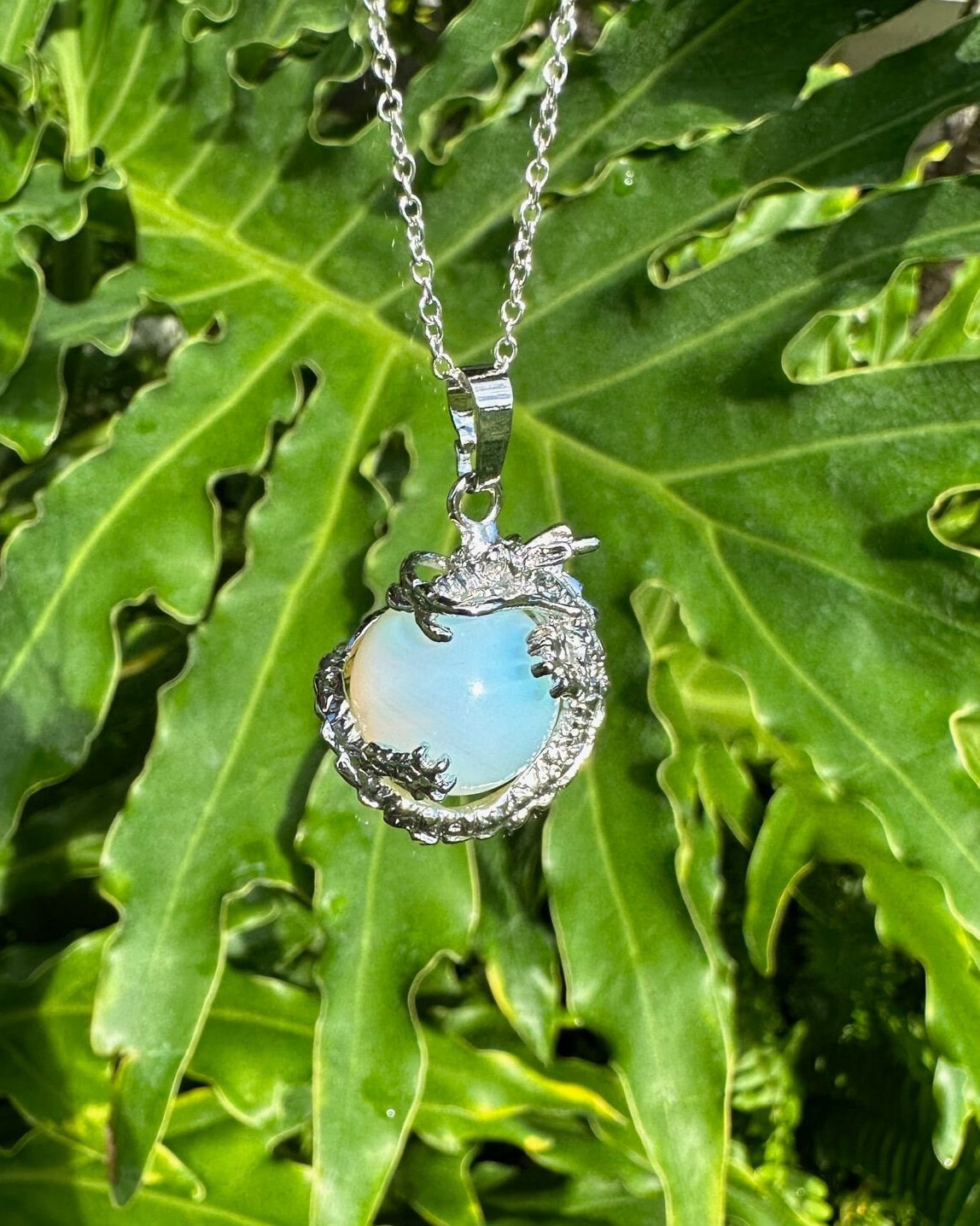 Opalite Dragon Pendant Necklace: Encased Crystal Ball, 18 Inch