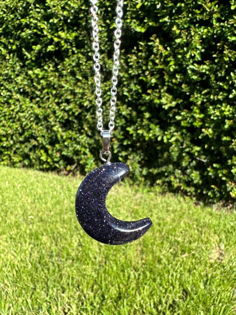 Blue Goldstone Crescent Pendant Gorgeous Blue Goldstone Moon Necklace Throat Chakra Healing image 1