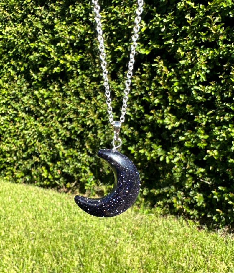 Blue Goldstone Crescent Pendant Gorgeous Blue Goldstone Moon Necklace Throat Chakra Healing image 4