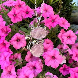 Large Rose Quartz Cat Pendant Rose Quartz Cat Necklace Chakra Healing