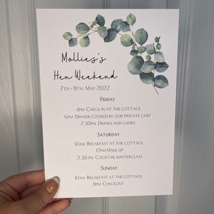 Itinerary card | hen party itinerary | hen do | wedding | stationery | special occasion | party | personalised | place cards