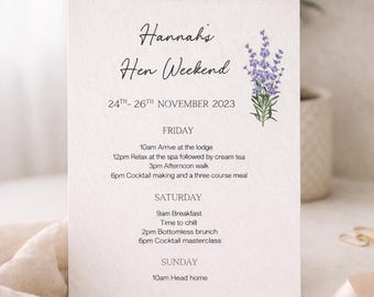 Itinerary card | Hen party itinerary | special occasion | personalised | birthday | wedding | stationery