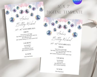 Disco Reiseplan Vorlage | Retro | Junggesellinnenabschied Wochenende | Geburtstag | Partys | Bearbeitbarer Reiseplan | Druckbar