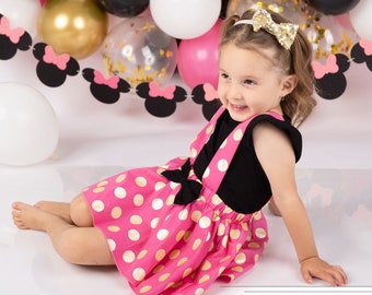 Girls Black and Pink Polka Dot Dress, Oh TWOdles Birthday Outfit, Mouse Inspired Dress, Cake Smash, Mouse Ears Birthday, 2nd Birthday Dress