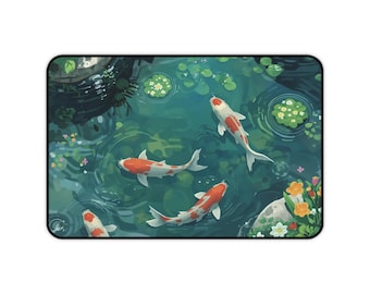 Koi Pond Illustration Desk Mat | Fish, Lily Pads, Floral Mouse Pad