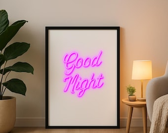 Good Night Neon Sign Poster – Pink Neon Typography Wall Art – Modern Bedroom Decor – Aesthetic Room Print