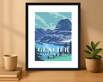 Plakat z Parkiem Narodowym Glacier – Sztuka ścienna z krajobrazem natury – Minimalistyczna dekoracja podróżna – Malowniczy górski wydruk