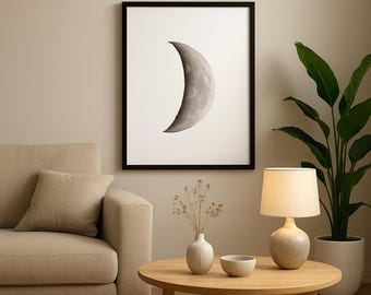 Crescent Moon Art Print – Black & White Moon Wall Art – Minimal Celestial Poster