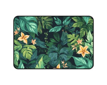 Tropical Foliage Floral Desk Mat | Green Leaves Yellow Flowers Mouse Pad