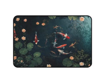 Koi Pond Illustration Desk Mat | Fish, Lily Pads, Floral Mouse Pad