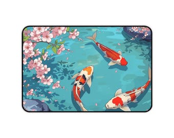 Cherry Koi Pond Illustration Desk Mat | Fish, Lily Pads, Floral Mouse Pad