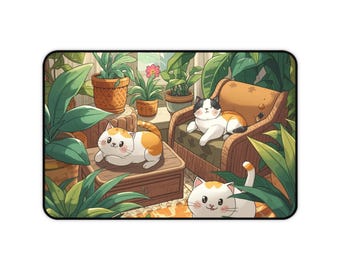 Cats in Leaves Desk Mat | Cute Cat Pattern Mousepad Mat