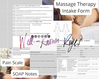 Massage Therapy Intake Form with SOAP NOTES, Subjective Pain Scale, Body Diagram, Medical History, SOAP Charting, Template,