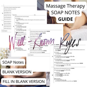 May include: A black and white printable guide for massage therapists to use when writing SOAP notes. The guide includes sections for subjective, objective, assessment, and plan. The text "Massage Therapy SOAP Notes Guide" is at the top of the page.