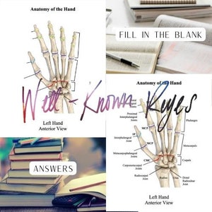 May include: A diagram of the bones in the left hand, labeled with anatomical terms. The diagram shows the bones of the wrist, palm, and fingers. The text "FILL IN THE BLANK" and "ANSWERS" are also visible.