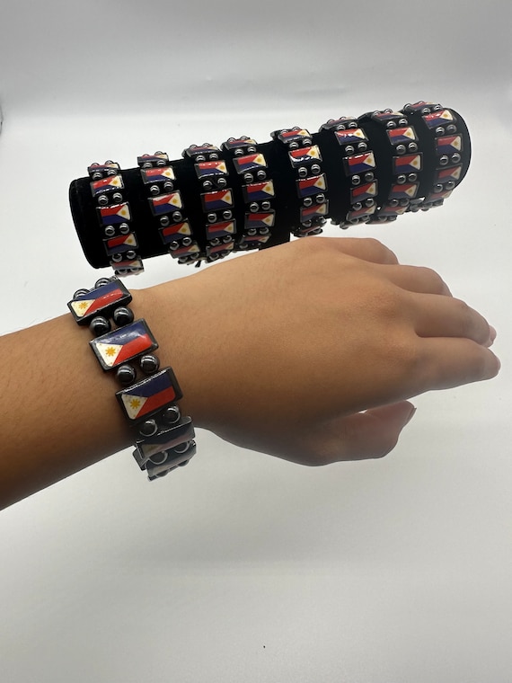 Philippines Filipino Flag 3 Stars and Sun Hemetite Bracelet 12 Flags Elastic band