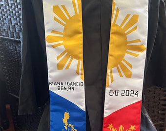 Philippines Filipino flag graduate Stole Flag 3 Stars and Sun Graduation Stole MADE IN USA custom text free