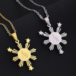 Collar con colgante de sol dorado y plateado con mapa filipino de Filipinas, 3 estrellas y sol de acero inoxidable