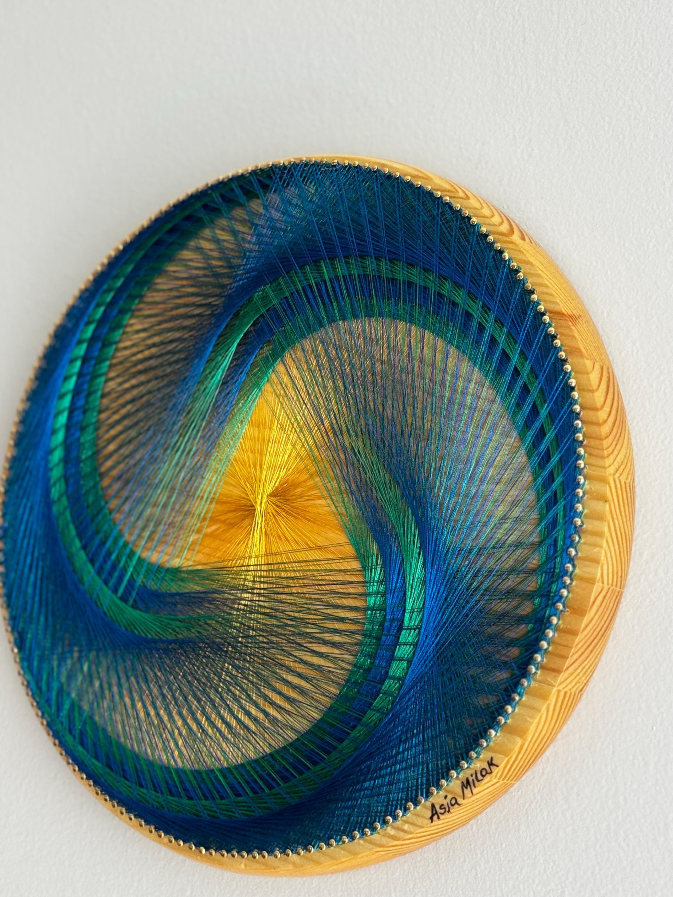 Geometric Spiral String Art: Blue, Green, and Yellow Fiber Wall Hanging ...