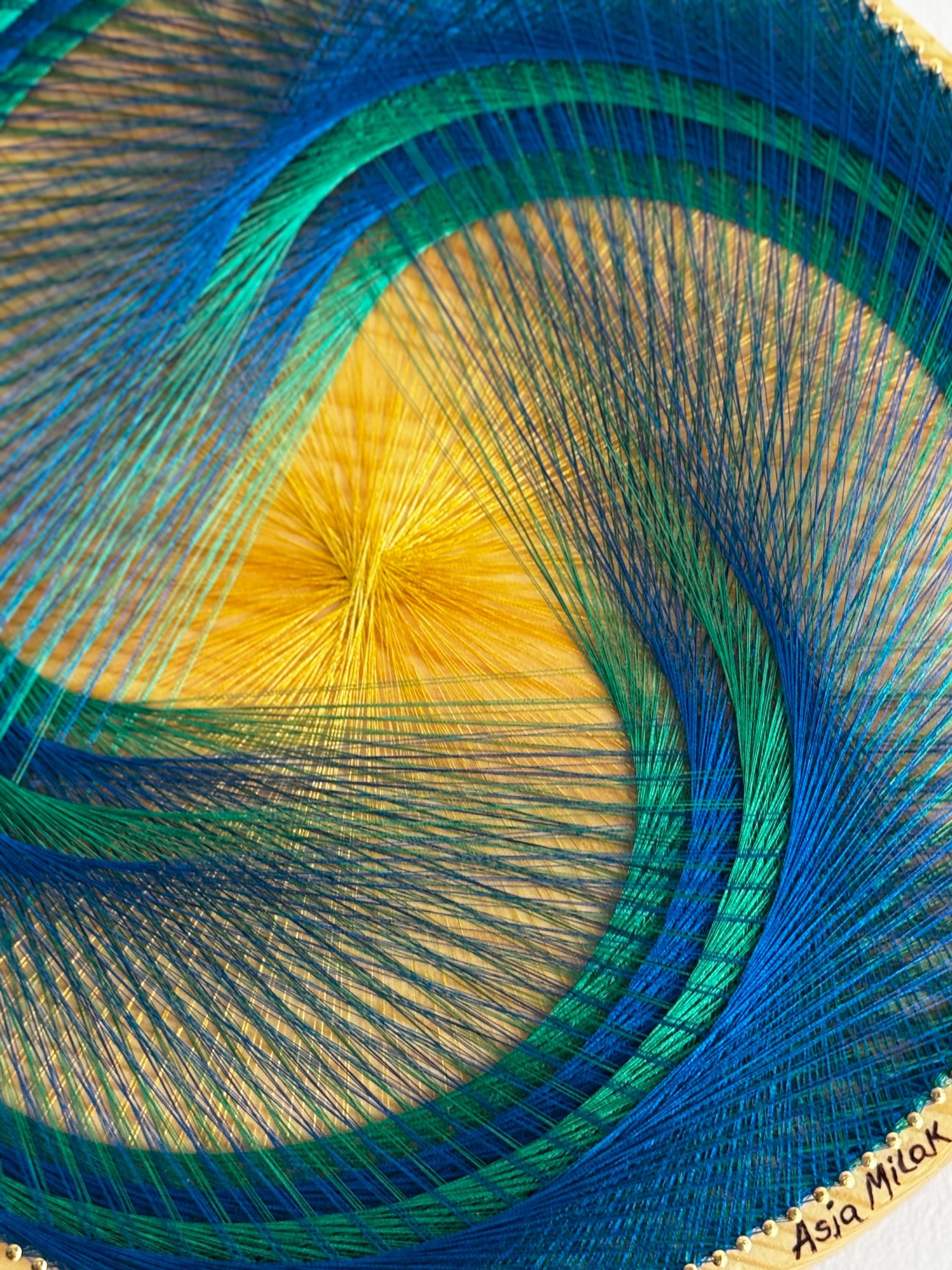 Geometric Spiral String Art: Blue, Green, and Yellow Fiber Wall Hanging ...