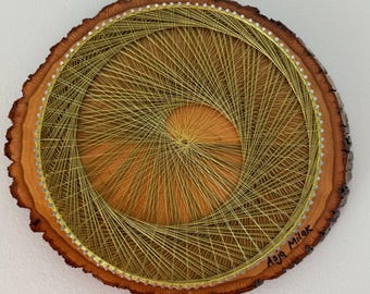 Handmade Spiral String Art: Live Edge Wood Slice, Earthy Wall Decor
