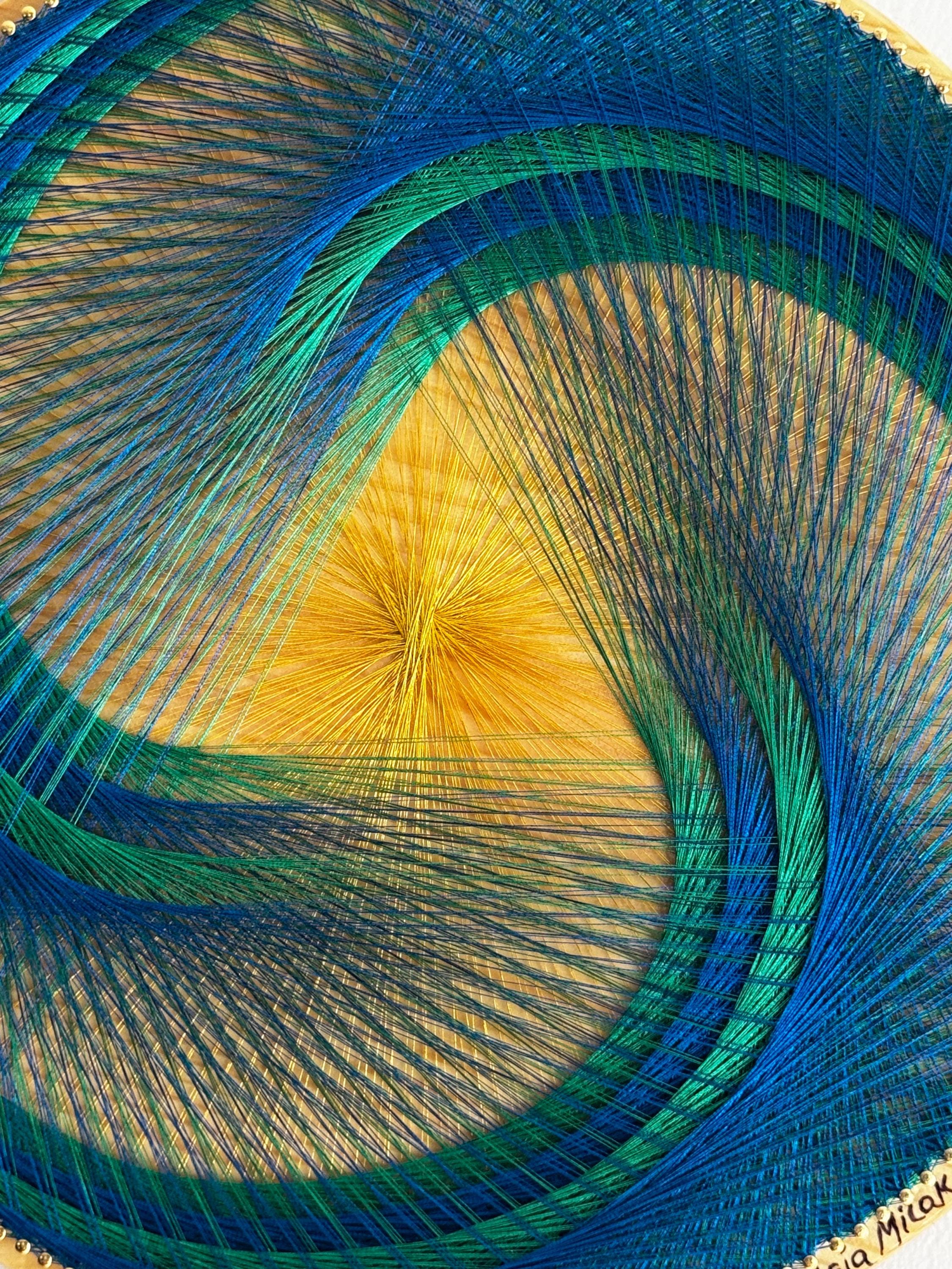 Geometric Spiral String Art: Blue, Green, and Yellow Fiber Wall Hanging ...