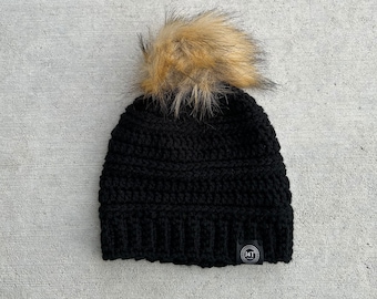 Toddler Black Beanie • Crochet Hat with Pom • Cozy Winter Hat