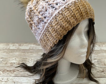 Handcrafted Crochet Winter Hat Beanie with Pom Pom Tan Gray Cream Brown Marble Crochet Winter Beanie: Gray Slouchy Pom Pom Hat - Etsy main image 4