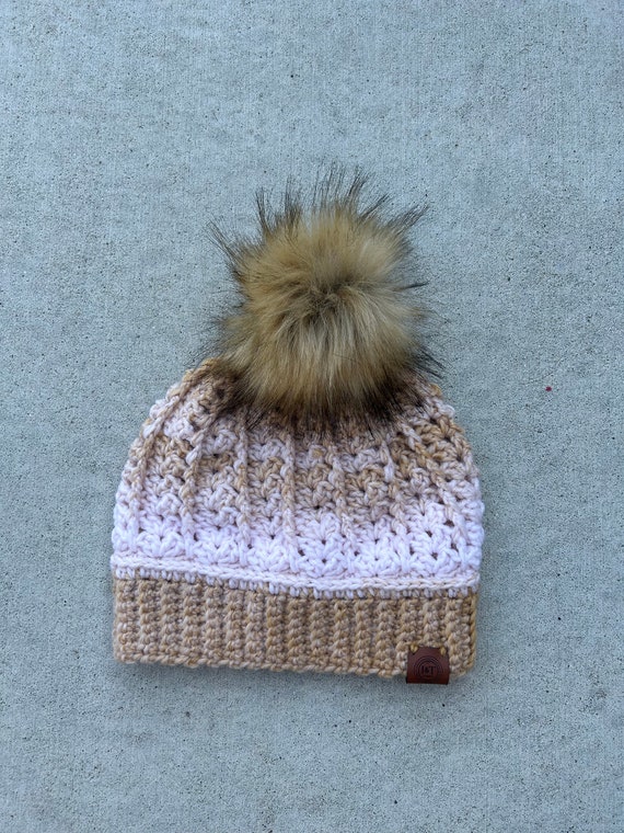 Cream and Tan Ombre Beanie • Faux Fur Pom Hat • Handmade  display picture 2