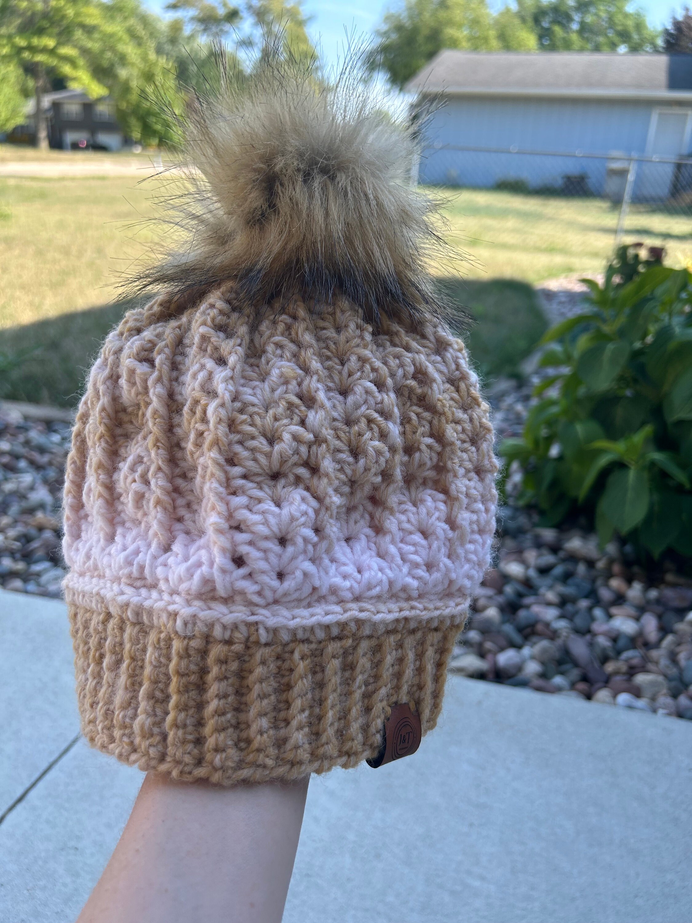 Cream and Tan Ombre Beanie • Faux Fur Pom Hat • Handmade  display picture 3