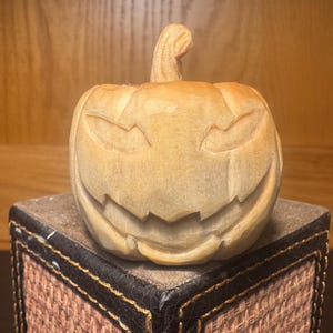 Hand-Carved Wooden Jack-O’-Lantern – Mini Rustic Pumpkin (2” x 2”)