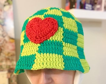 Gehaakte katoenen bucket hat - geruit - Hart - Groen - y2k - Boho - Retro - Vintage - Breien - Zomer - Lente - Strand - Haak - jaren '90