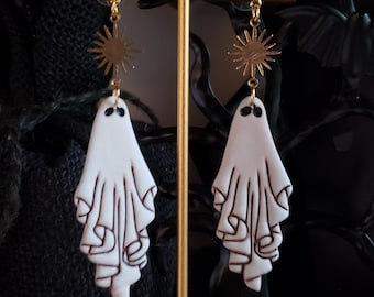 Clay Halloween earrings | Ghost Earrings with brass sun details and gold studs