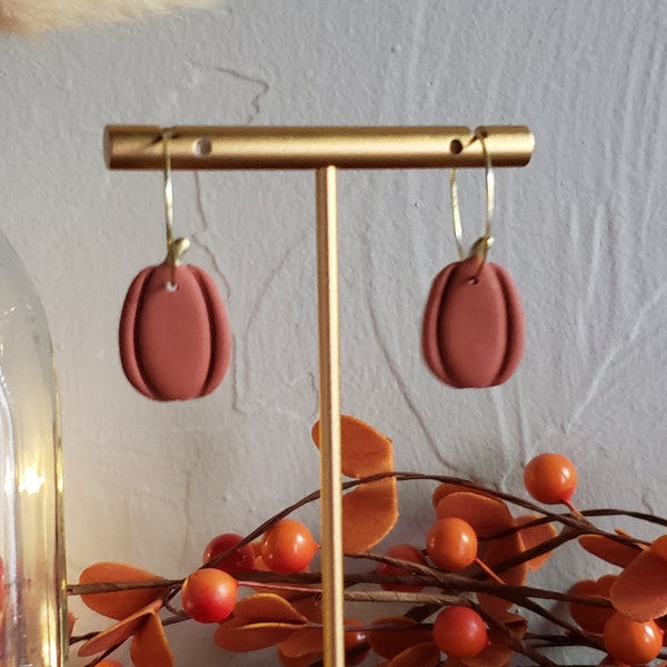 Clay Halloween Earrings | Tall Polymer Clay Pumpkin hoops with Gold Ear wire