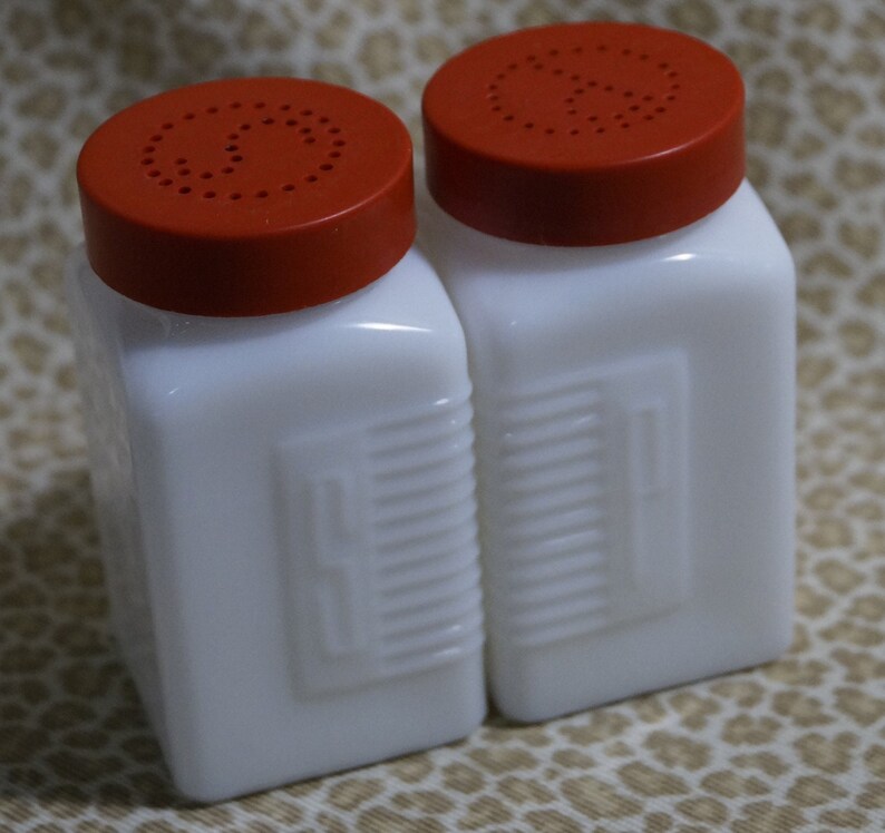 McKee Embossed Art Deco Salt and Pepper Shakers Vintage Milk Glass shops with Red Tops